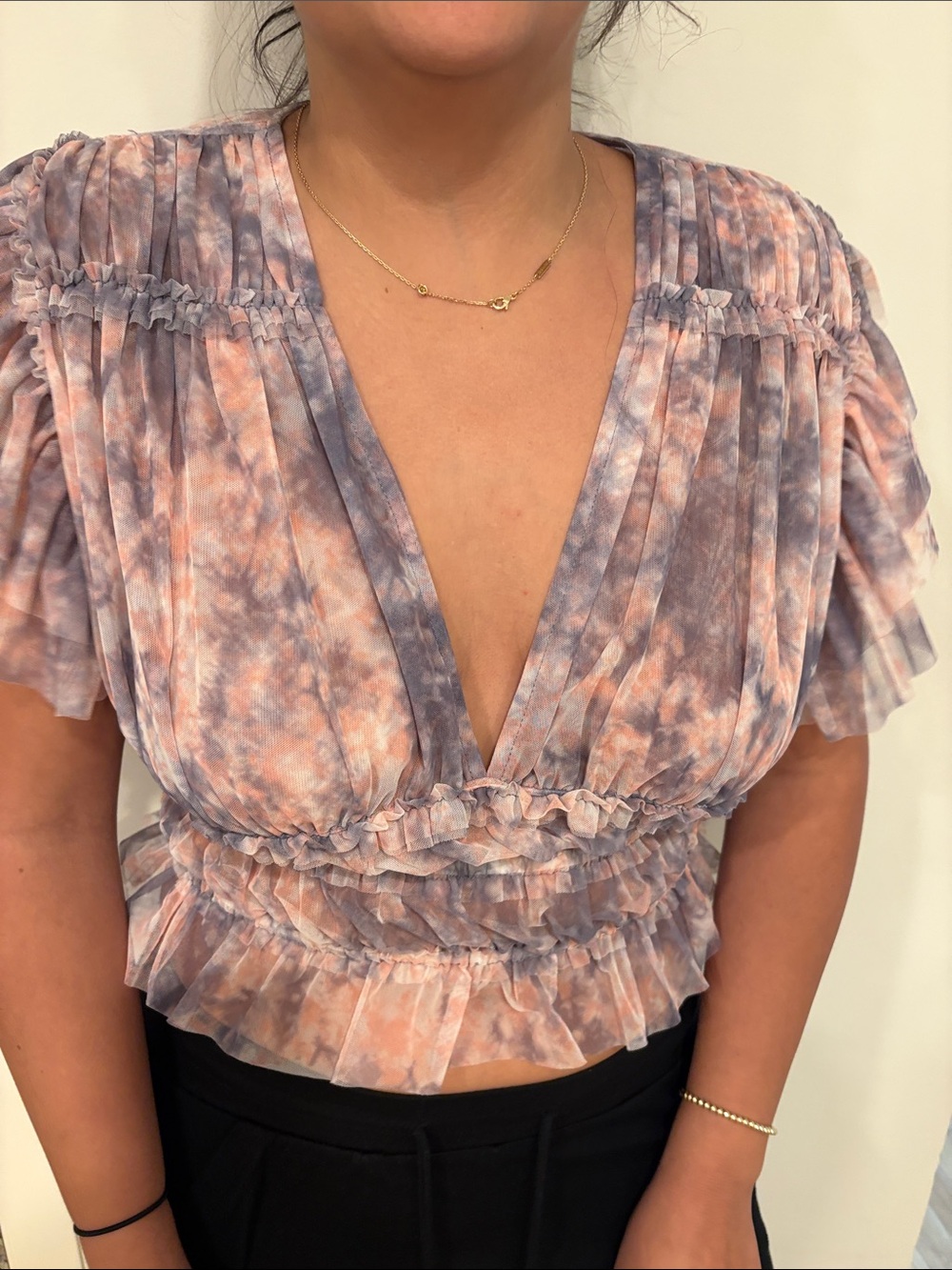 Tie-Dye Ruffle V-Neck Crop Top in Pink & Lavender